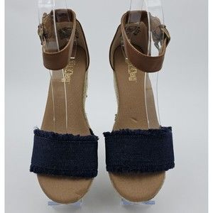 Brash US 7 Wedge Heel Sandals Brown Blue Denim Women's Coastal Beach Boho